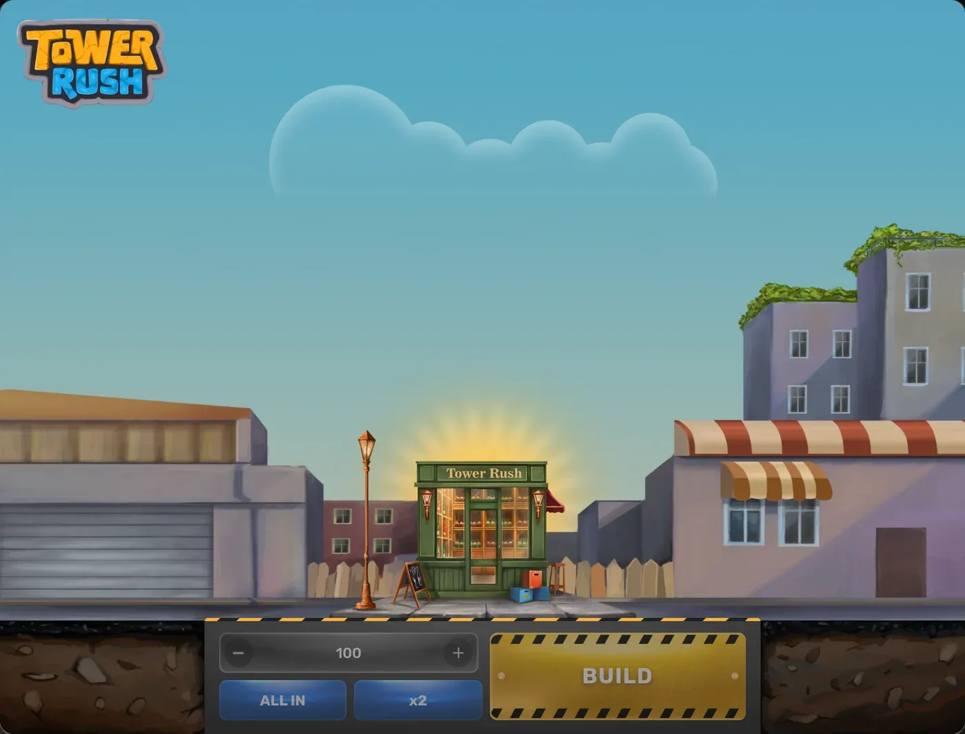 Tower Rush by Galaxsys: the crane holding a floor above the street and the Build button