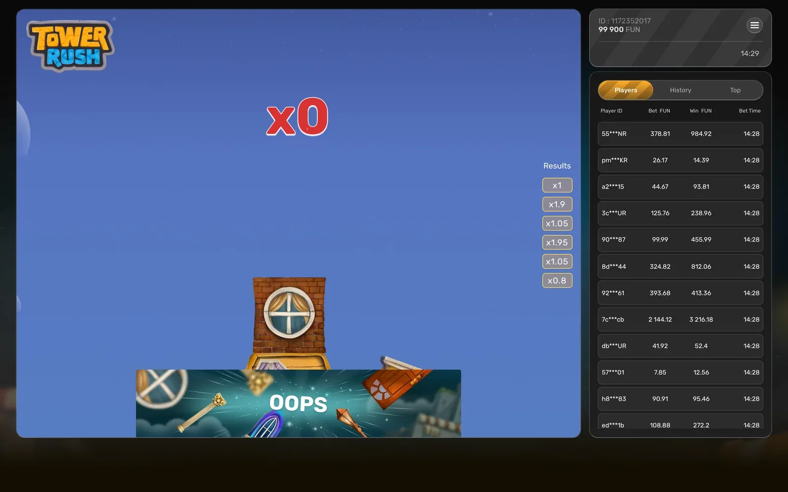 Tower Rush collapse: a red x0 and an OOPS banner over the buttons