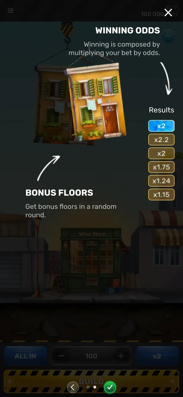 Tower Rush portrait tutorial screen explaining winning odds, the Results column and bonus floors