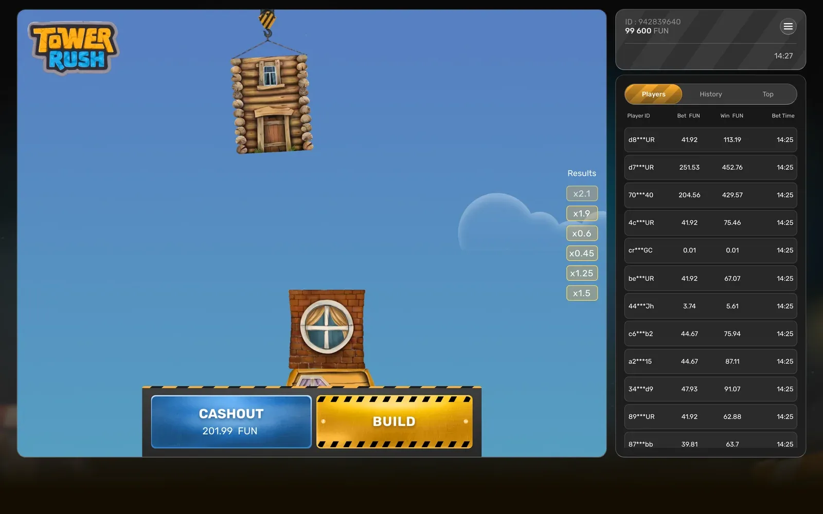 Tower Rush round in progress: six floors in the Results column (x1.5, x1.25, x0.45, x0.6, x1.9, x2.1) and Cashout showing 201.99 FUN