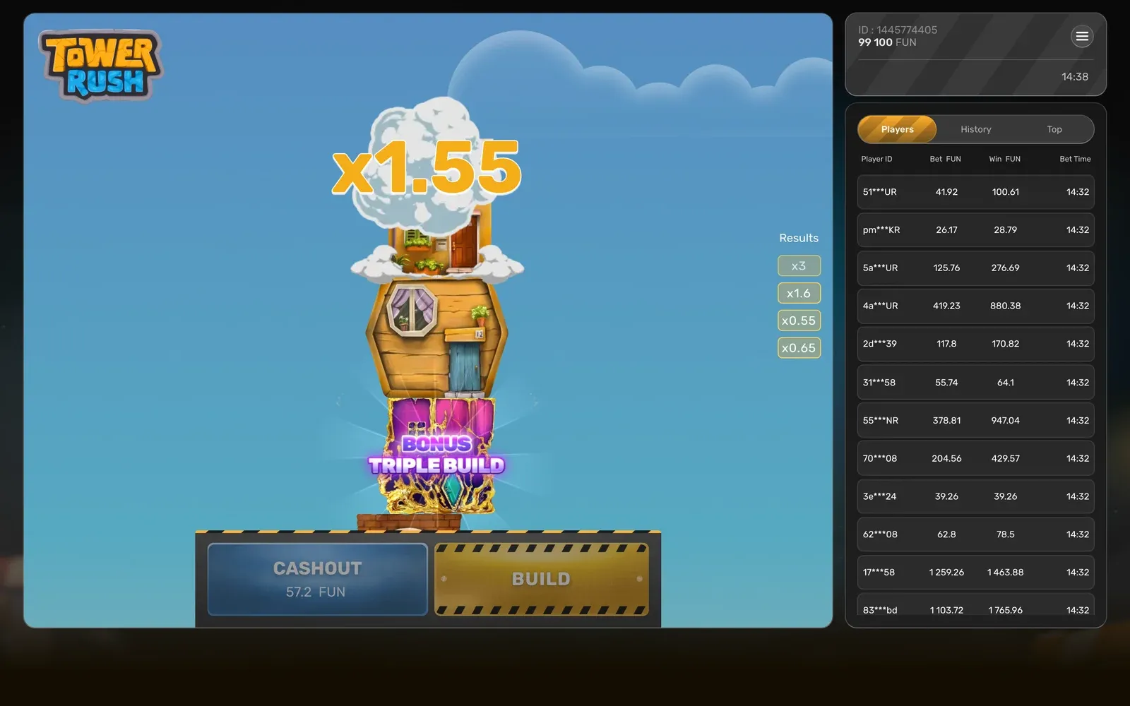 Triple Build bonus in Tower Rush placing three floors
