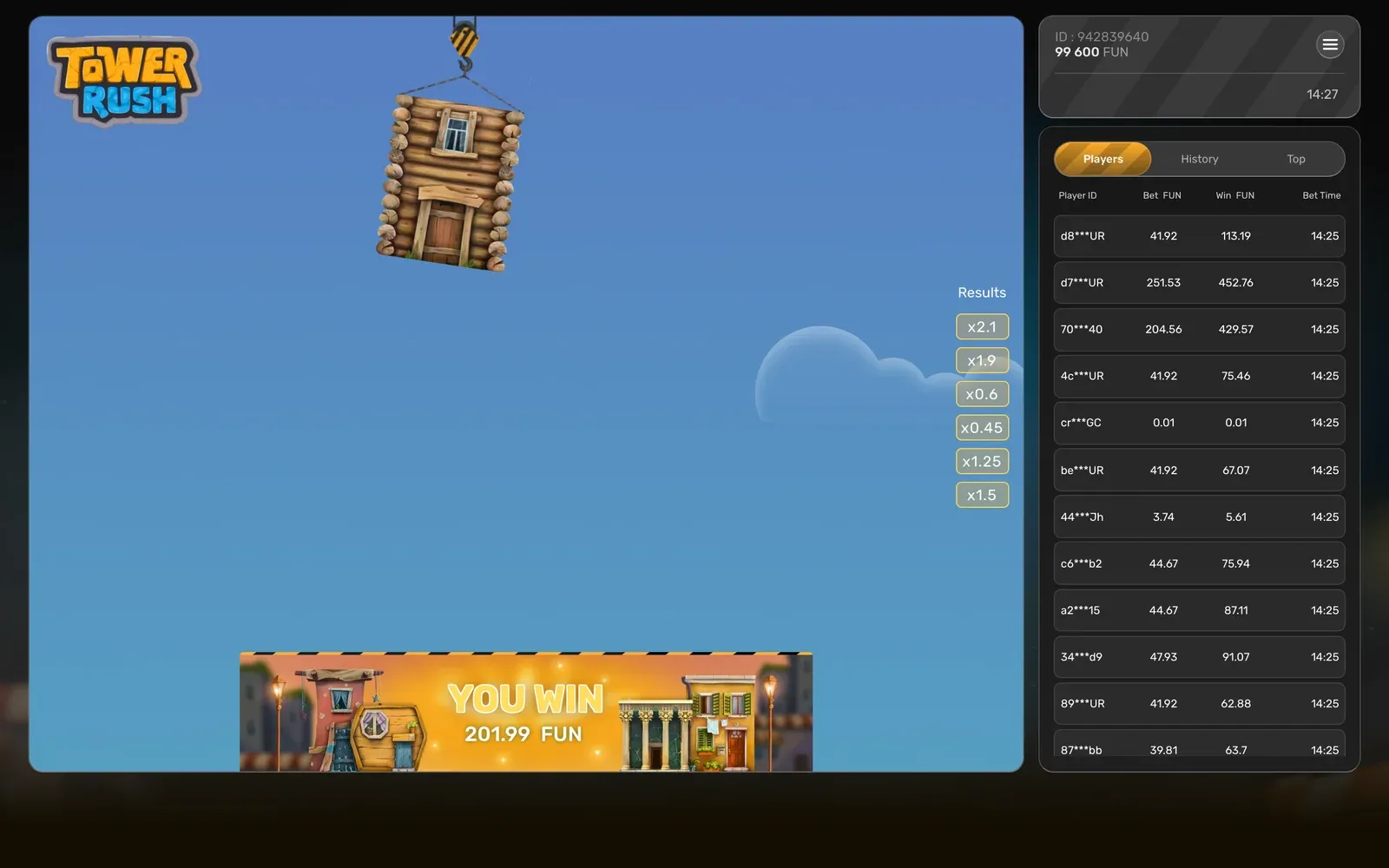 Tower Rush YOU WIN banner showing 201.99 FUN after a cash-out