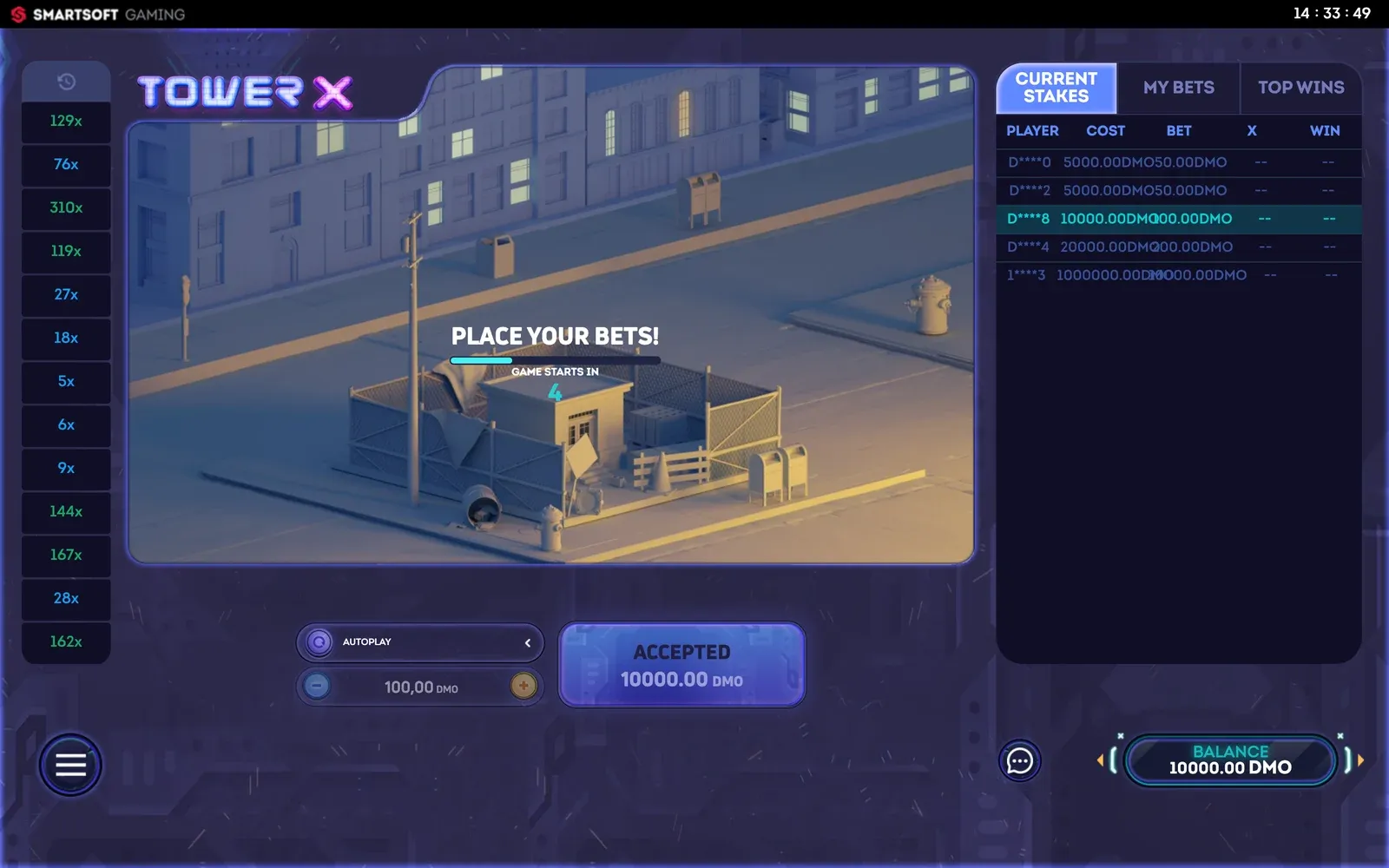 Tower X countdown with Place your bets and the bet button showing Accepted for a 10,000 DMO ticket