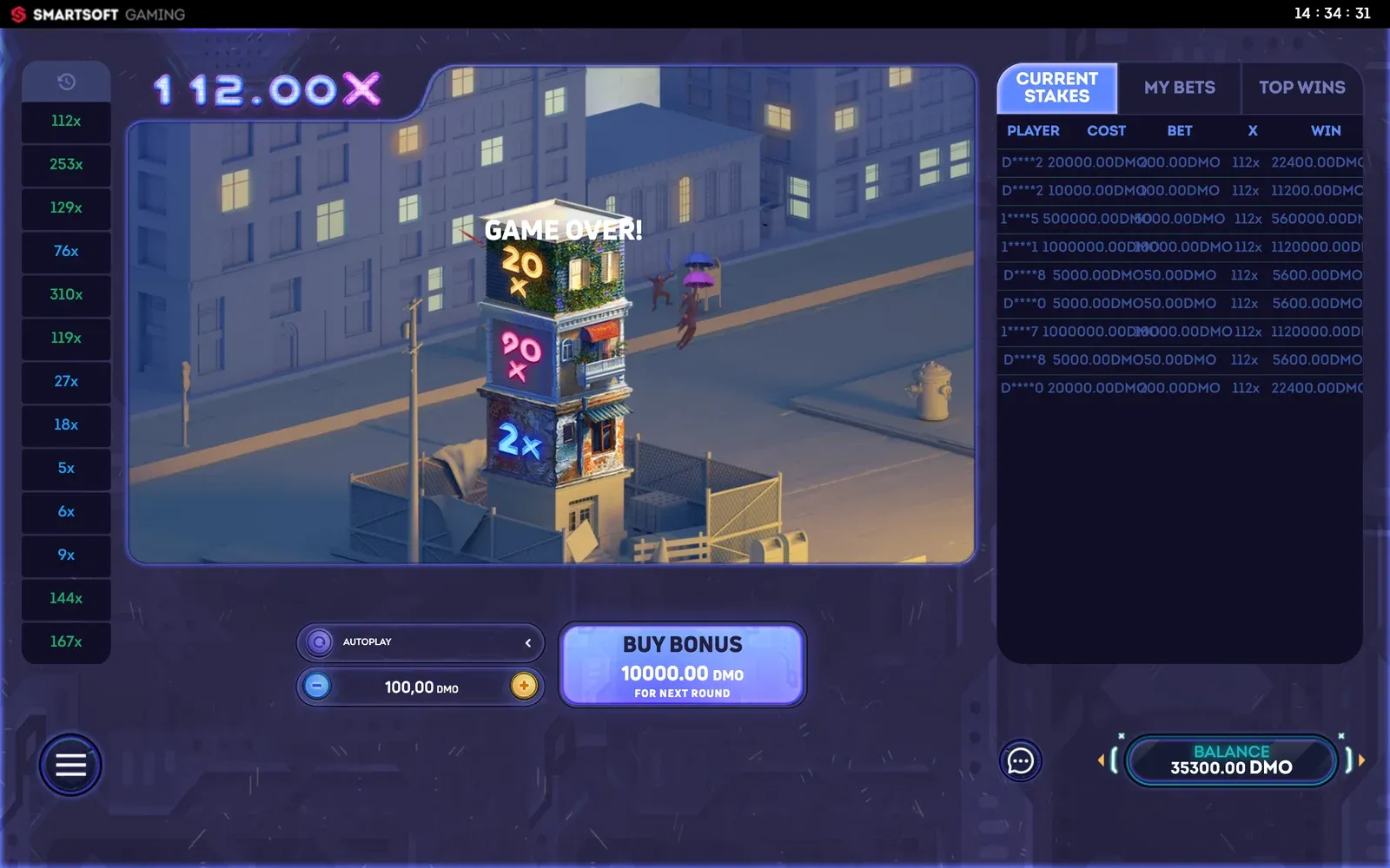 Tower X Game Over at 112.00X with people jumping off the building with umbrellas