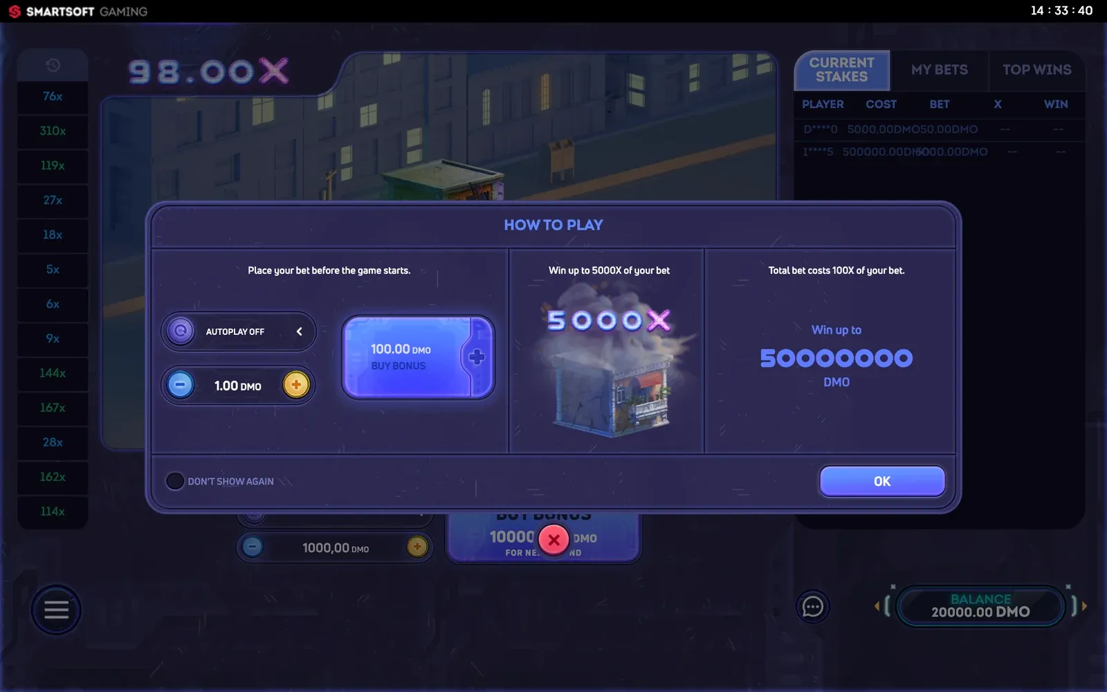 Tower X How to play window: place your bet before the game starts, win up to 5000X, total bet costs 100X of your bet