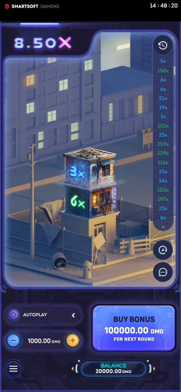 Tower X on a phone in portrait mode with a two-house tower at 8.50X and the Buy Bonus button