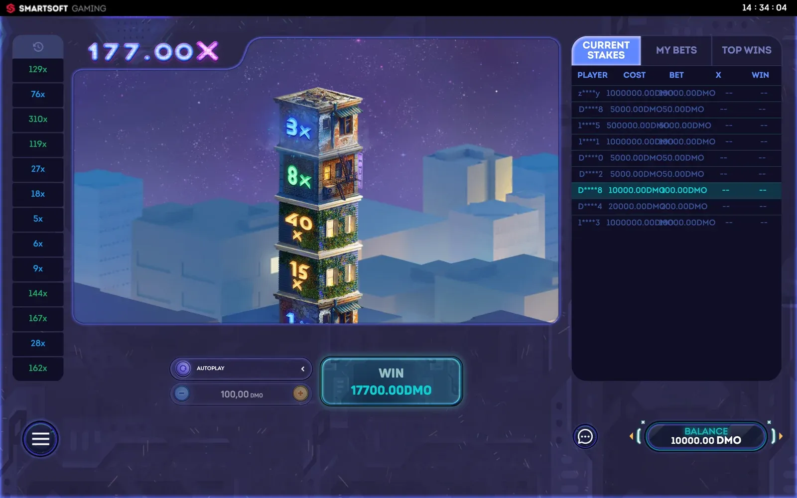 Tower X by SmartSoft Gaming: a tower of houses with multipliers and a 177.00X counter