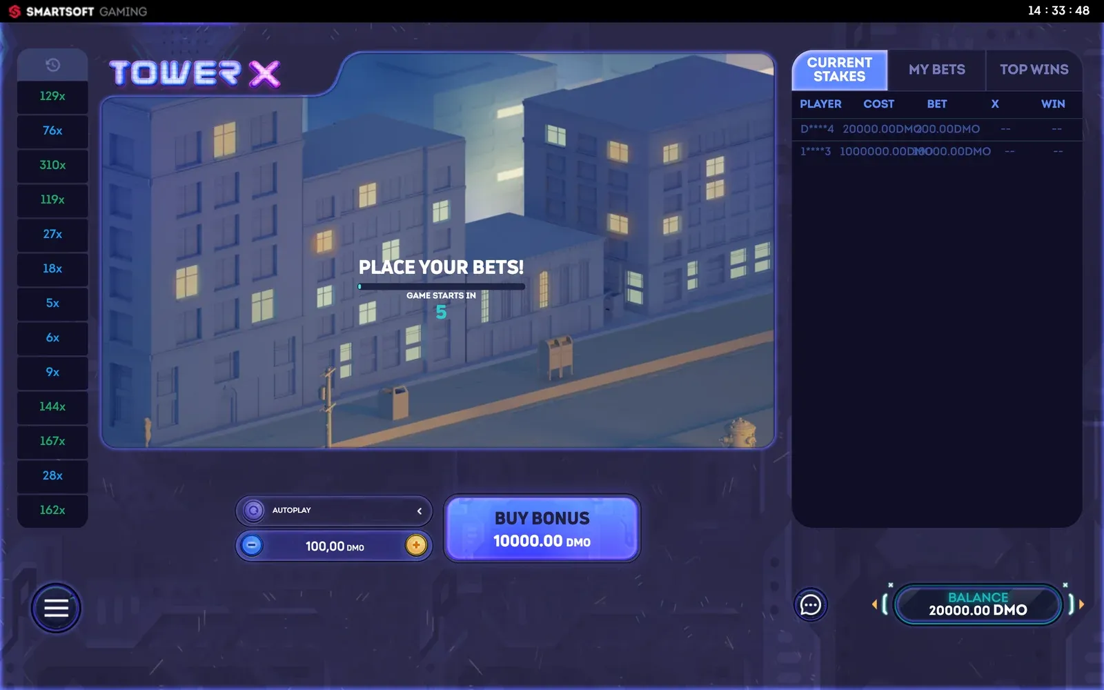 Tower X demo between rounds: Place your bets countdown, Buy Bonus button and 20,000 DMO balance
