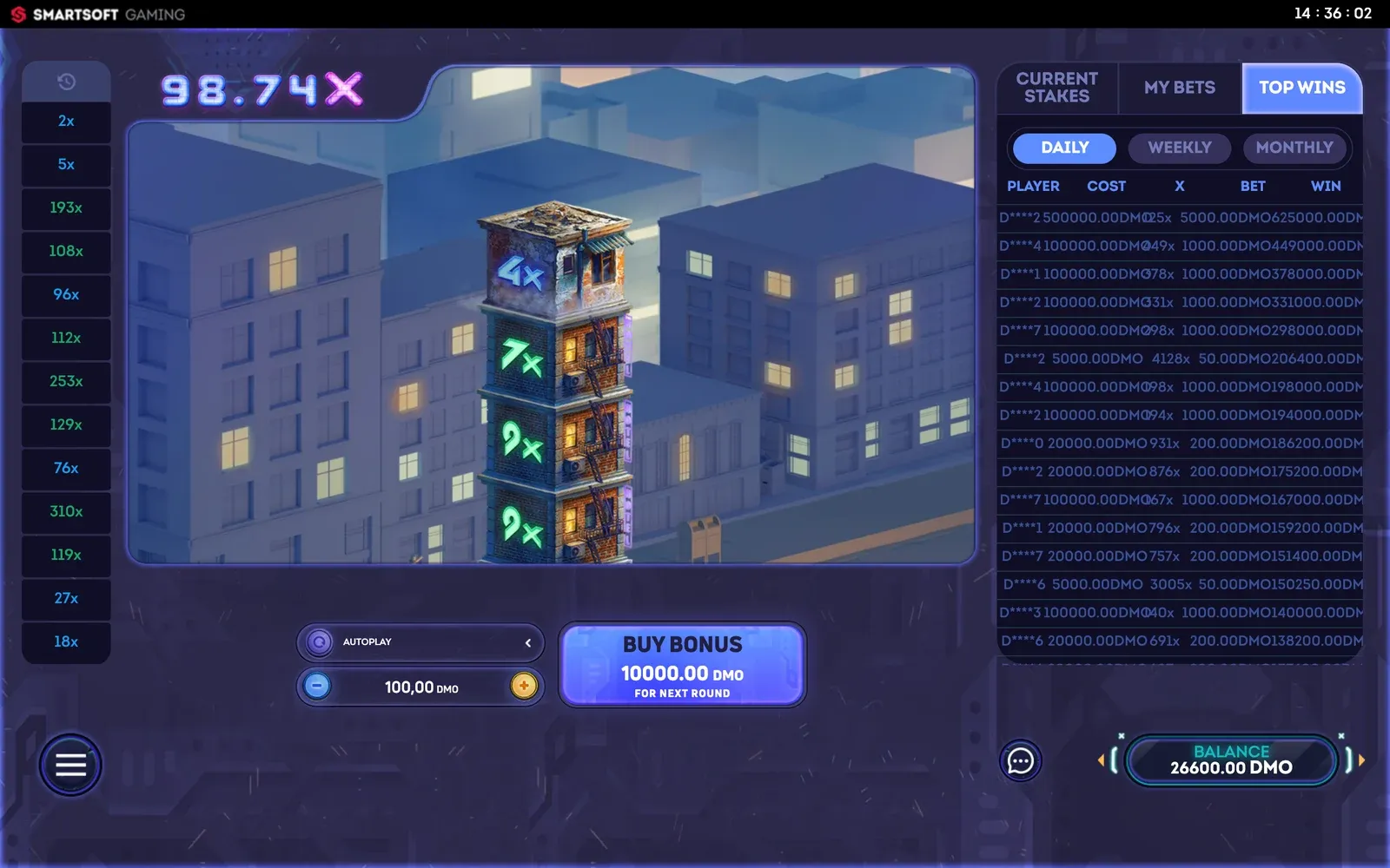 Tower X Top Wins panel next to a running round in the SmartSoft demo